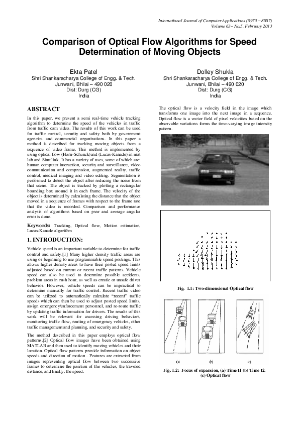 (PDF) Comparison of Optical Flow Algorithms for Speed Determination of ...