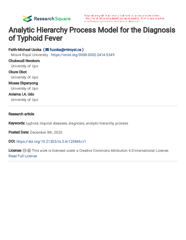 (PDF) Analytic Hierarchy Process Model for the Diagnosis of Typhoid Fever