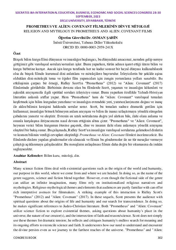 (PDF) RELIGION AND MYTHLOGY IN PROMETHEUS AND ALIEN: COVENANT FILMS