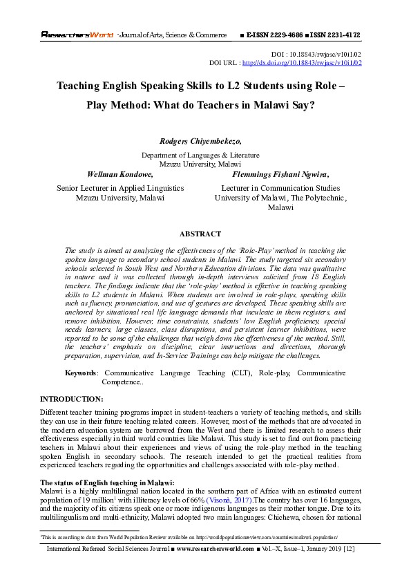 (PDF) Teaching English Speaking Skills to L2 Students using Role – Play ...