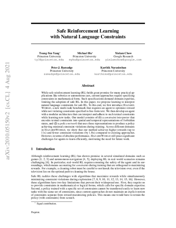 (PDF) Safe Reinforcement Learning with Natural Language Constraints