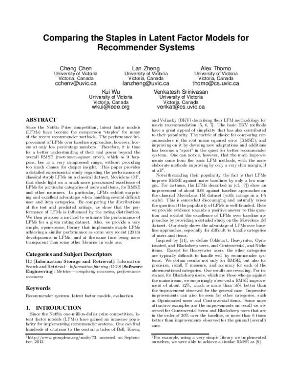 (PDF) Comparing the staples in latent factor models for recommender systems