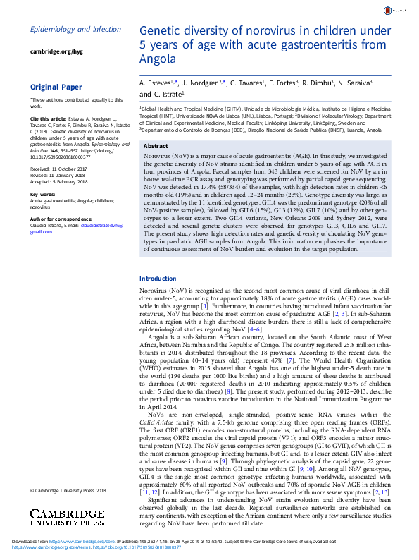 (PDF) Genetic diversity of norovirus in children under 5 years of age ...