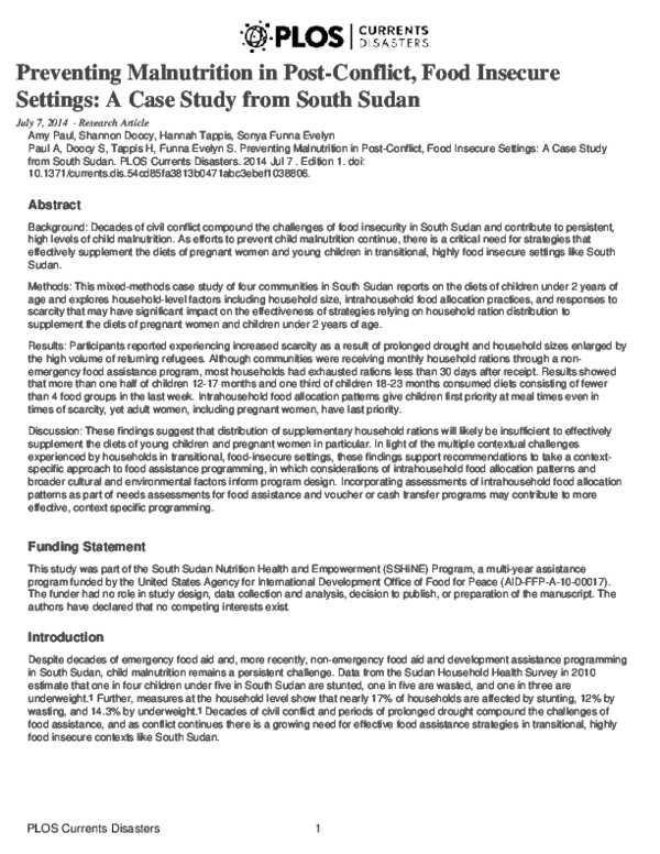 (PDF) Preventing Malnutrition in Post-conflict, Food Insecure Settings ...