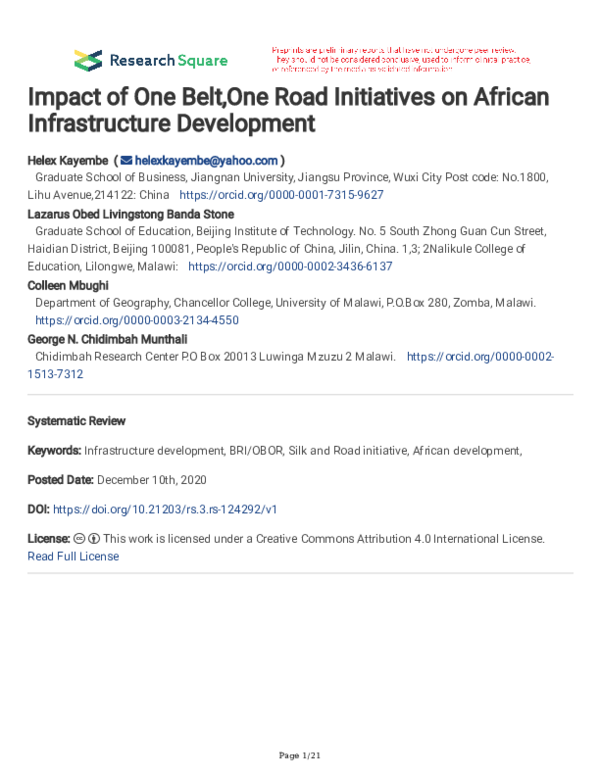(PDF) Impact of One Belt,One Road Initiatives on African Infrastructure ...