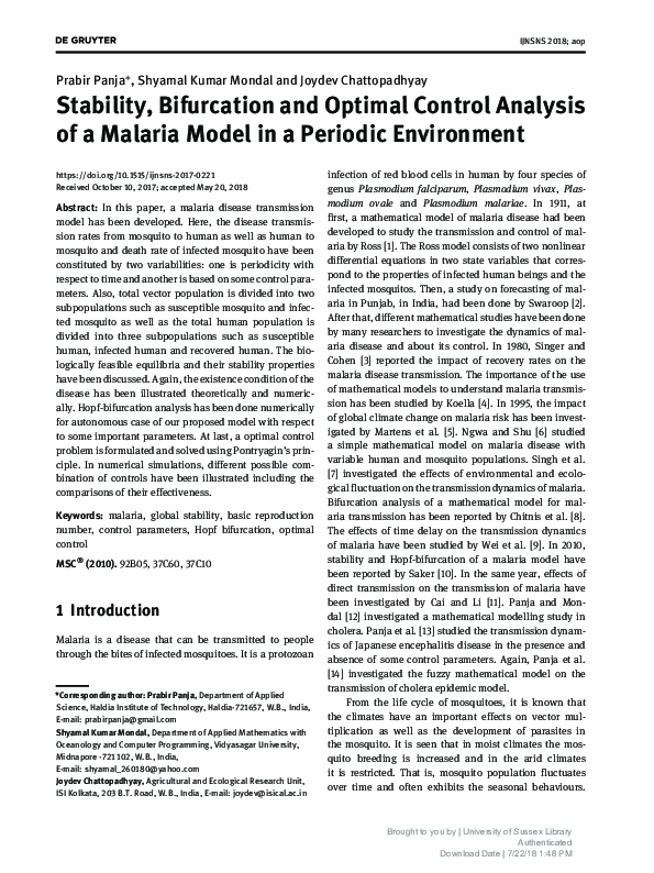 (PDF) Stability, Bifurcation and Optimal Control Analysis of a Malaria ...