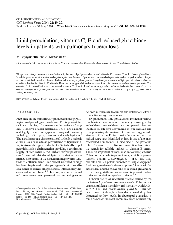 PDF) Lipid peroxidation, vitamins C, E and reduced glutathione levels in  patients with pulmonary tuberculosis