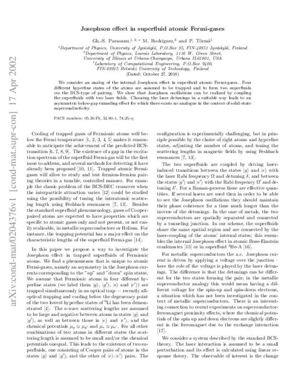 (PDF) Josephson effect in superfluid atomic Fermi gases