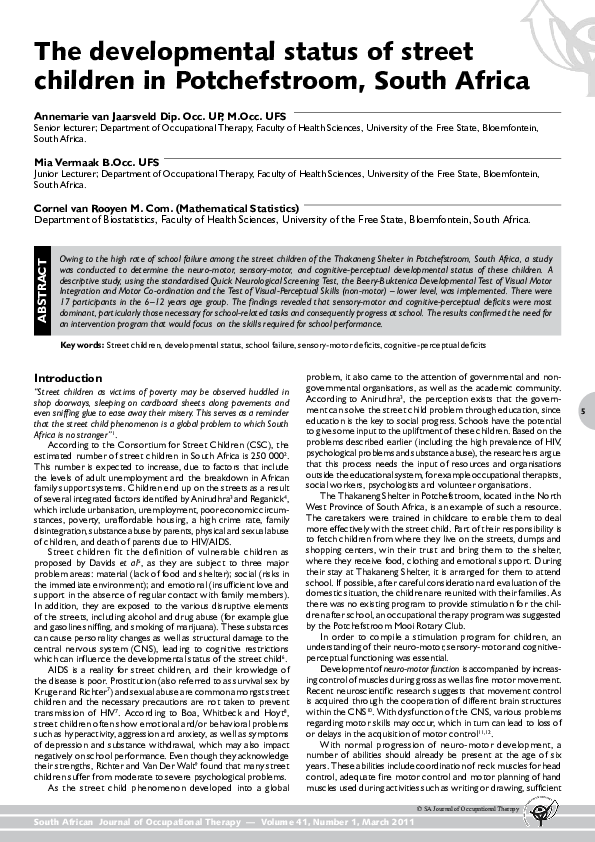 (PDF) The developmental status of street children in Potchefstroom ...
