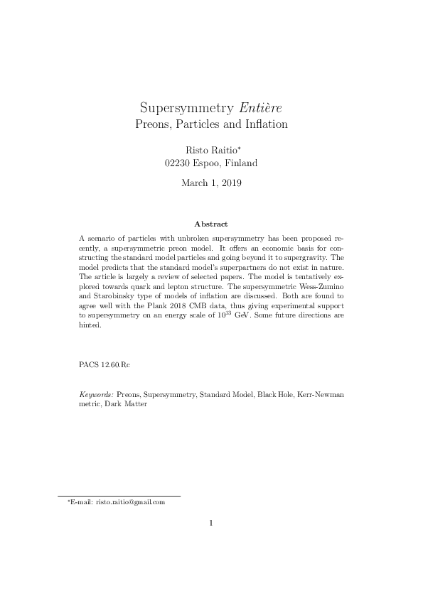 (PDF) Supersymmetry Entière: Preons, Particles and Inflation