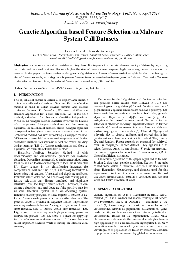 (PDF) Genetic Algorithm based Feature Selection on Malware System Call ...