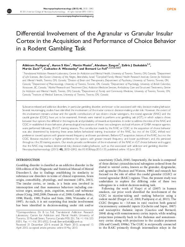 (PDF) Differential Involvement of the Agranular vs Granular Insular ...