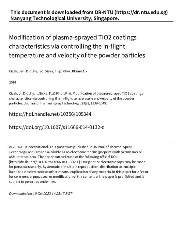 (PDF) Modification of Plasma-sprayed TiO2 Coatings Characteristics via ...