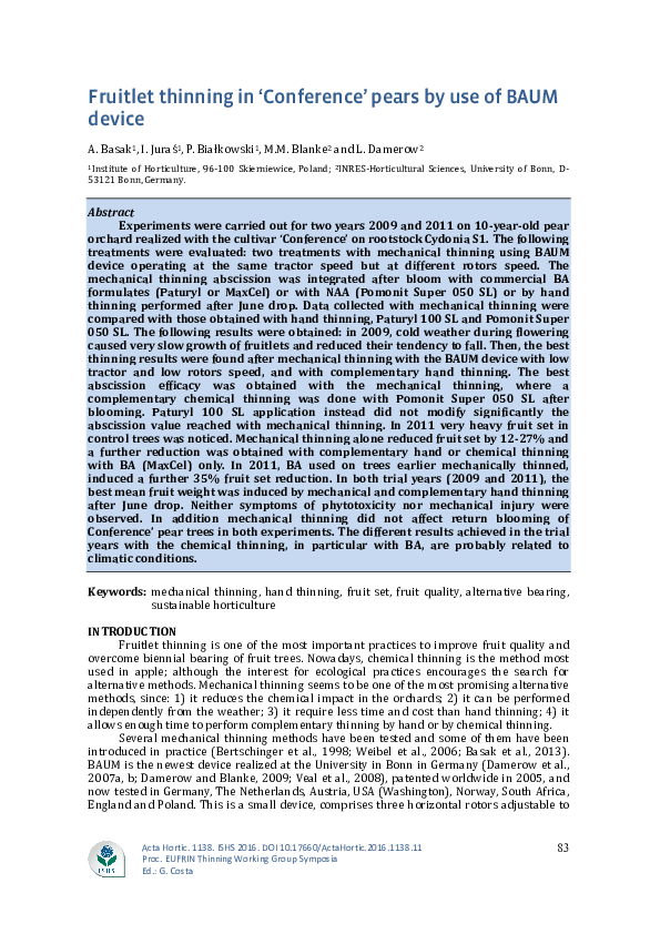 (PDF) Fruitlet thinning in ‘Conference’ pears by use of BAUM device