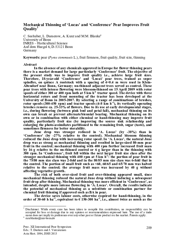(PDF) Mechanical Thinning of 'Lucas' and 'Conference' Pear Improves ...