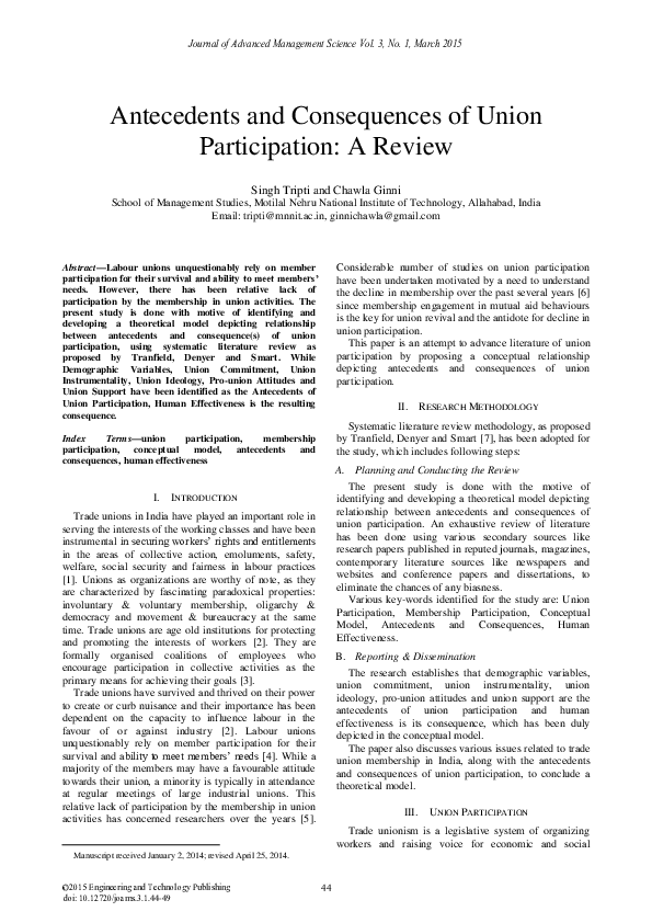 (PDF) Antecedents and Consequences of Union Participation: A Review