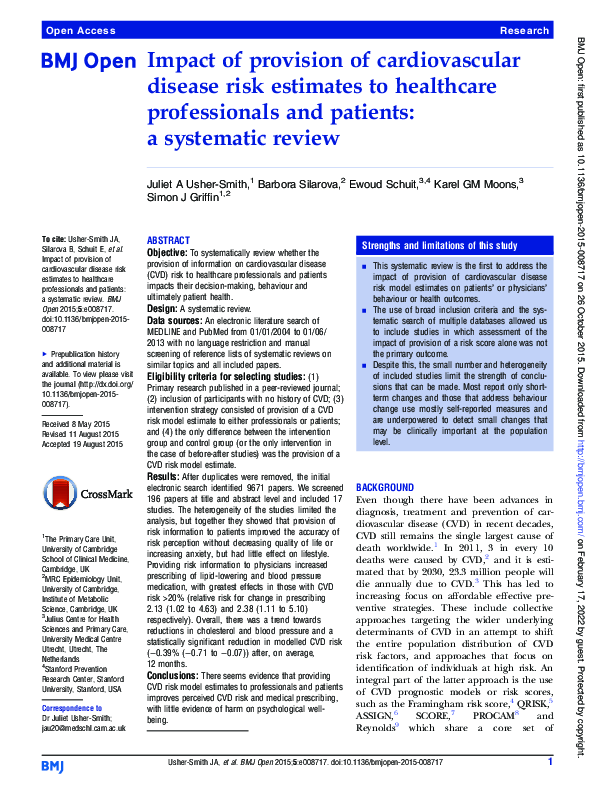 (PDF) Impact of provision of cardiovascular disease risk estimates to ...