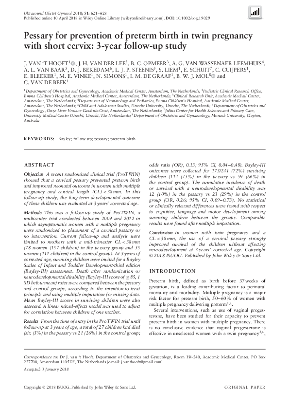 (PDF) Pessary for prevention of preterm birth in twin pregnancy with short cervix 3‐year follow