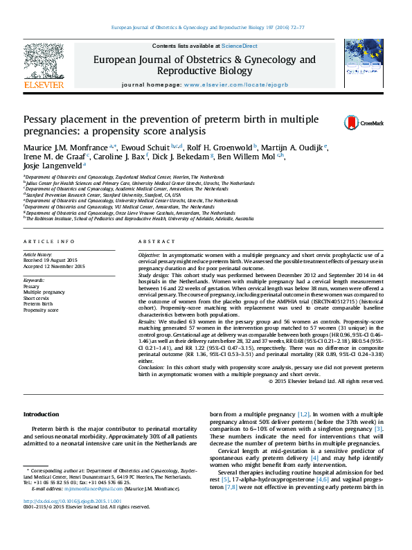 (PDF) Pessary Placement in the Prevention of Preterm Birth in Multiple ...
