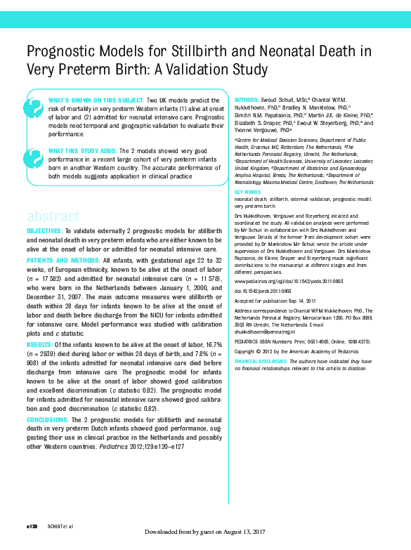 (PDF) Prognostic Models for Stillbirth and Neonatal Death in Very ...