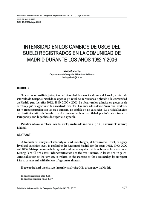 Intensidad en los cambios de usos del suelo registrados en la Comunidad de Madrid durante los años 1982 y 2006