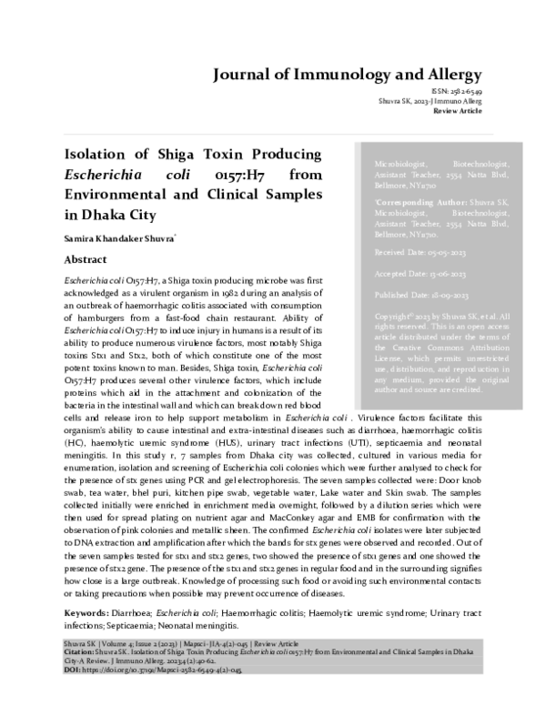(PDF) Isolation of Shiga Toxin Producing Escherichia coli 0157:H7 from ...