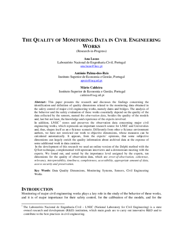 (PDF) The quality of monitoring data in Civil Engineering works