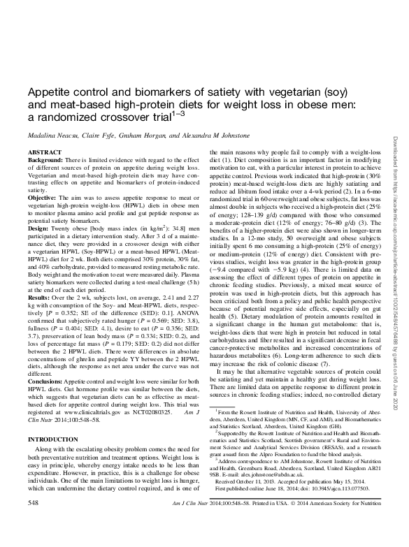 (PDF) Appetite control and biomarkers of satiety with vegetarian (soy ...