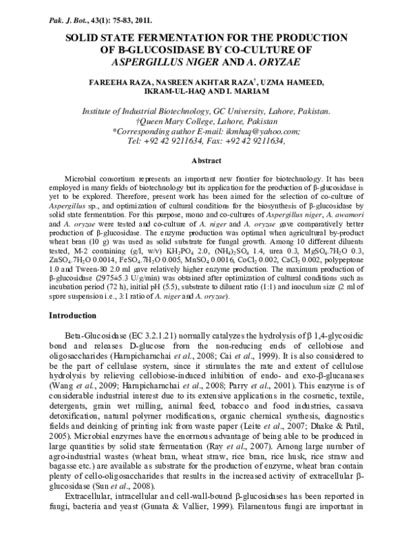 (PDF) Solid State Fermentation for the Production of B-Glucosidase by ...