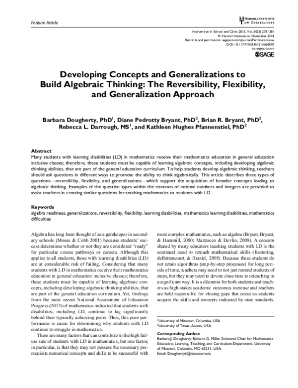 (PDF) Developing Concepts and Generalizations to Build Algebraic Thinking