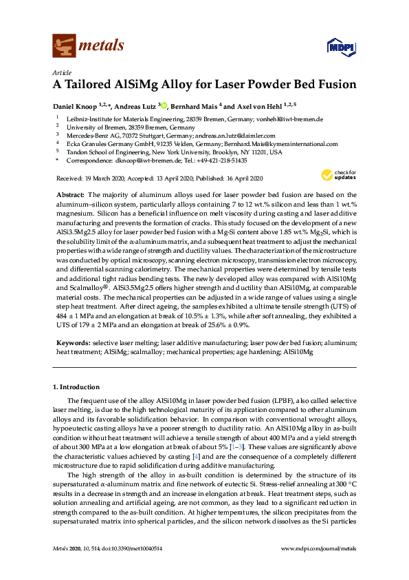 (PDF) A Tailored AlSiMg Alloy for Laser Powder Bed Fusion