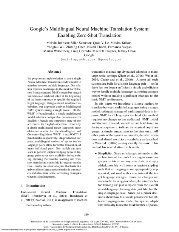 (PDF) Google’s Multilingual Neural Machine Translation System: Enabling ...