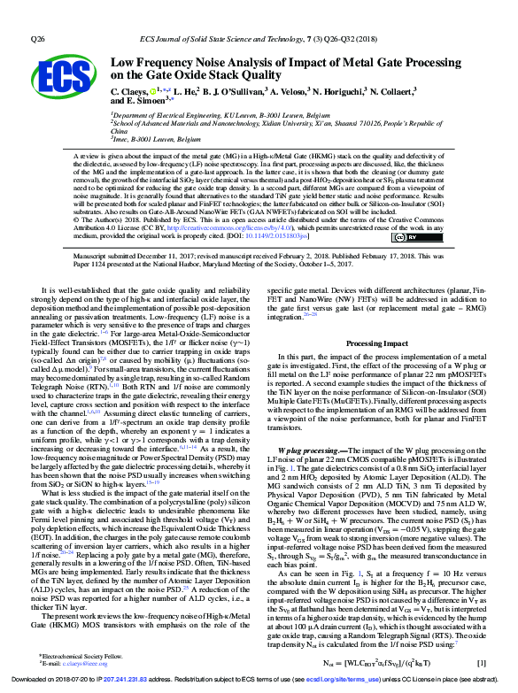 (PDF) Low Frequency Noise Analysis of Impact of Metal Gate Processing ...