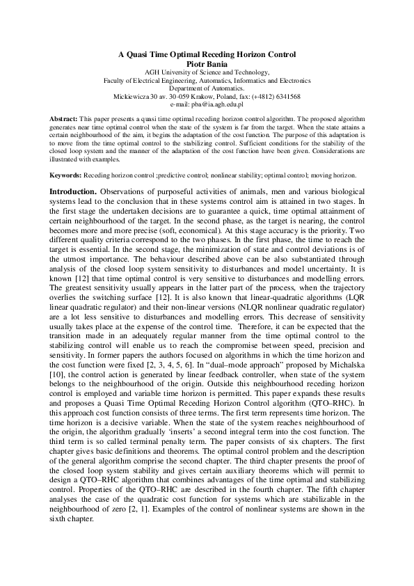 (PDF) A Quasi Time Optimal Receding Horizon Control