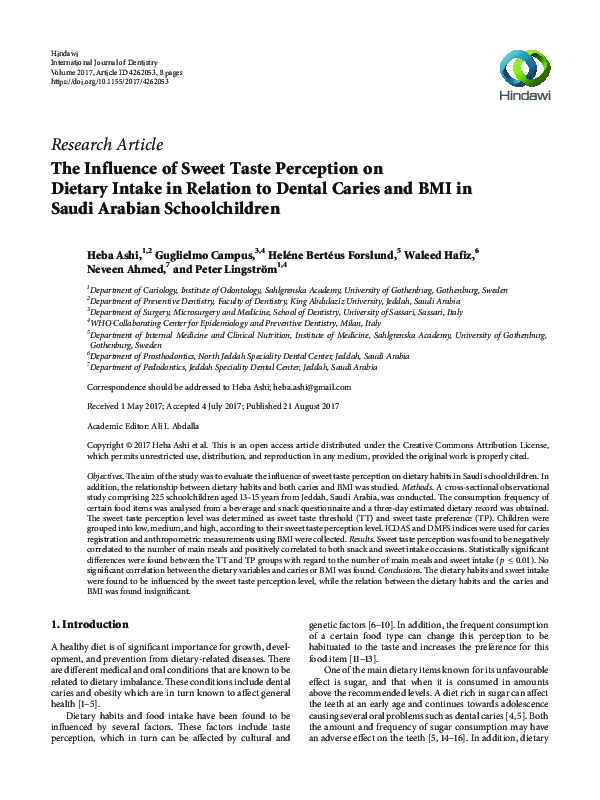 (PDF) The Influence of Sweet Taste Perception on Dietary Intake in ...