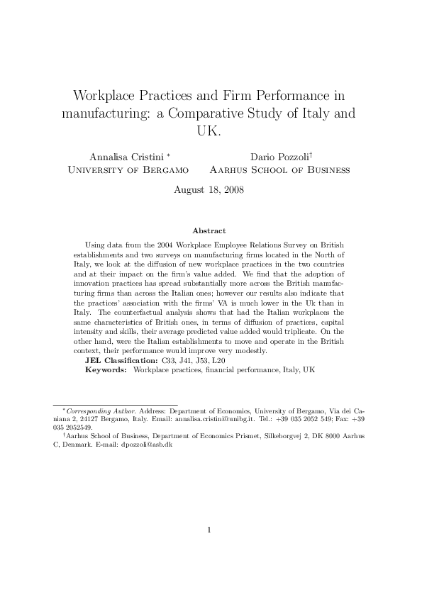 (PDF) Workplace practices and firm performance in manufacturing