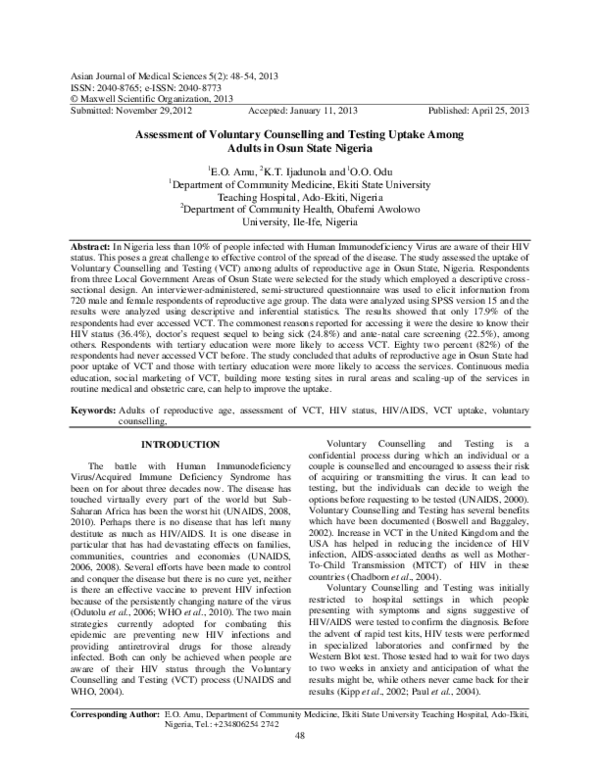 (PDF) Assessment of Voluntary Counselling and Testing Uptake Among ...