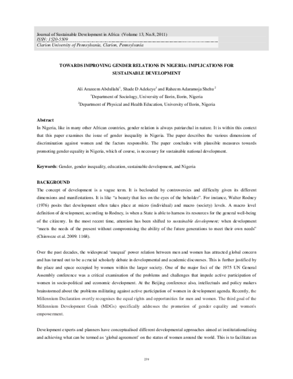 (PDF) Towards Improving Gender Relations in Nigeria: Implications for ...