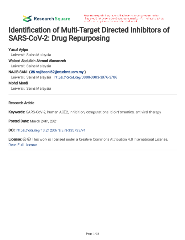 (PDF) Identification of Multi-Target Directed Inhibitors of SARS-CoV-2 ...