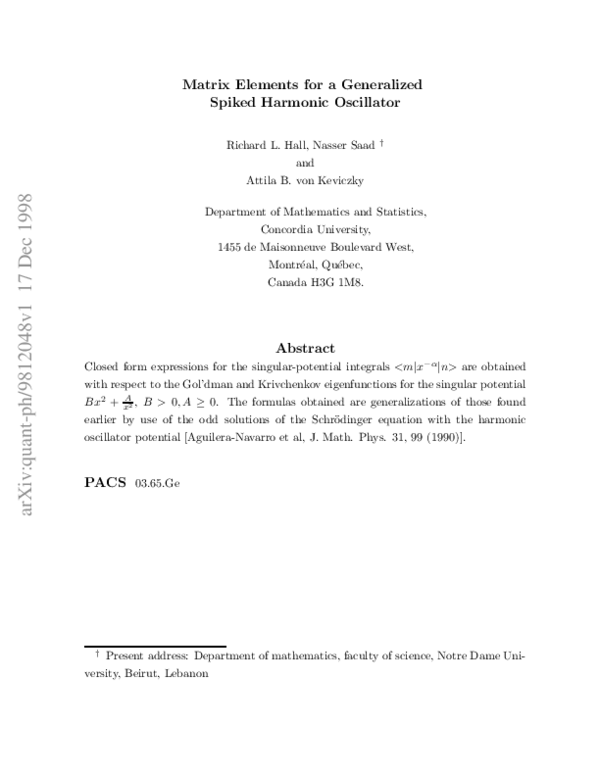 (PDF) Matrix elements for a generalized spiked harmonic oscillator