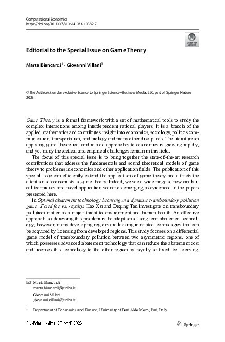 (PDF) Editorial to the Special Issue on Game Theory