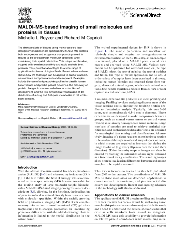 (PDF) MALDI-MS-based imaging of small molecules and proteins in tissues