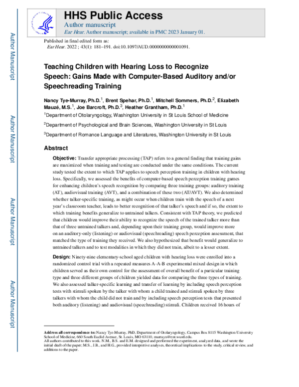 (PDF) Teaching Children With Hearing Loss to Recognize Speech: Gains ...