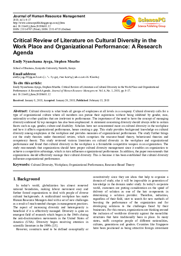(PDF) Critical Review of Literature on Cultural Diversity in the Work ...