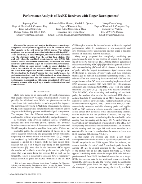 (PDF) Performance Analysis of RAKE Receivers with Finger Reassignment