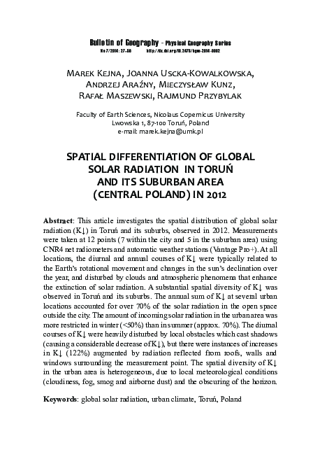(PDF) Spatial Differentiation Of Global Solar Radiation in Toruń And ...