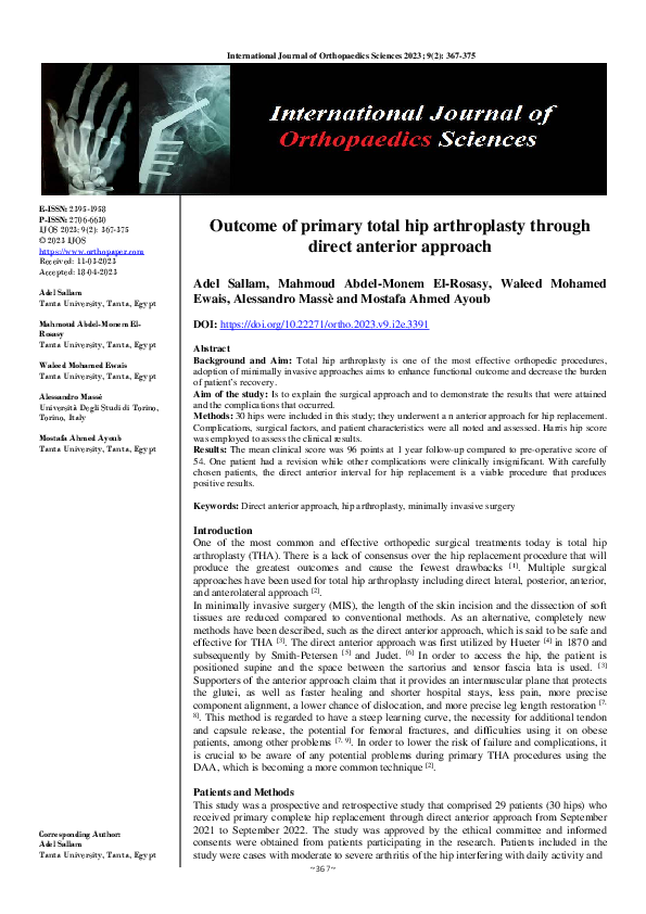 (PDF) Outcome of primary total hip arthroplasty through direct anterior ...