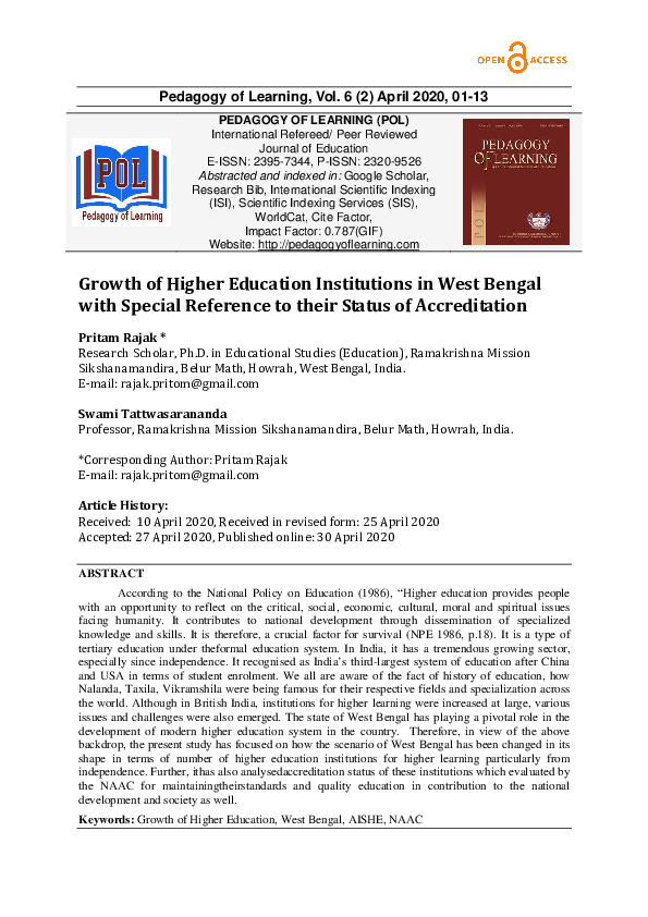 (PDF) Growth of Higher Education Institutions in West Bengal with ...