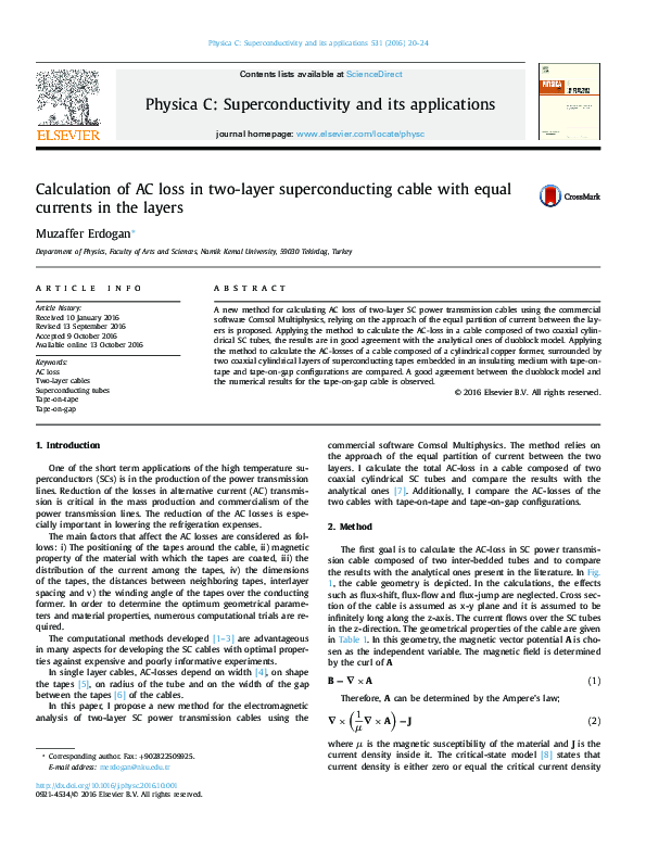 (PDF) Calculation of AC loss in two-layer superconducting cable with ...