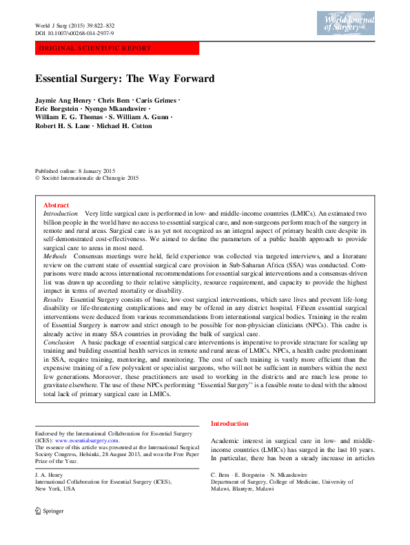 (PDF) Essential Surgery: The Way Forward